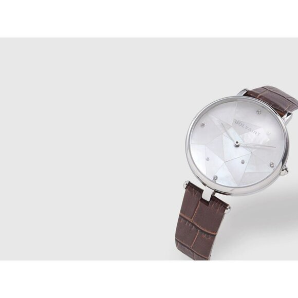 Bolvaint Paris Luxury Women's Watch Silver Face Brown Leather Strap Geometric‎